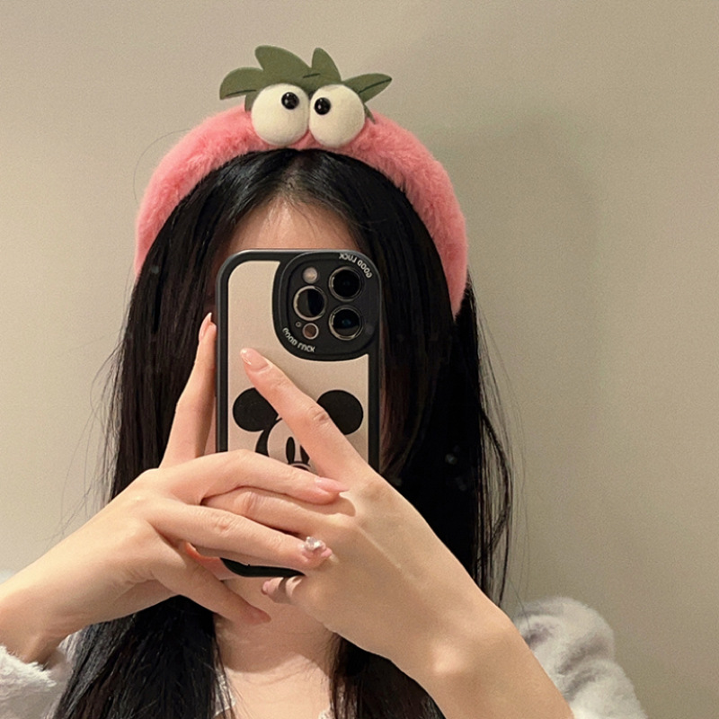 Fluffy eye headband, cute cartoon pink strawberry hairpin, energetic girl high head headband, hair tie and hair accessory details Picture