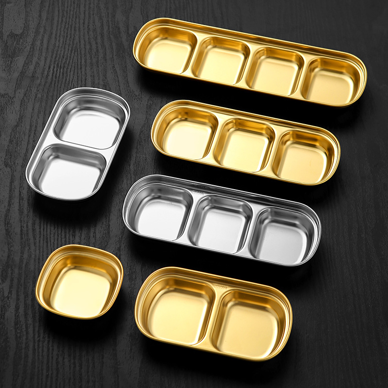 304 stainless steel Korean sauce plate, thickened seasoning plate, barbecue dipping sauce plate, golden grid plate, home hot pot flavor plate full figure