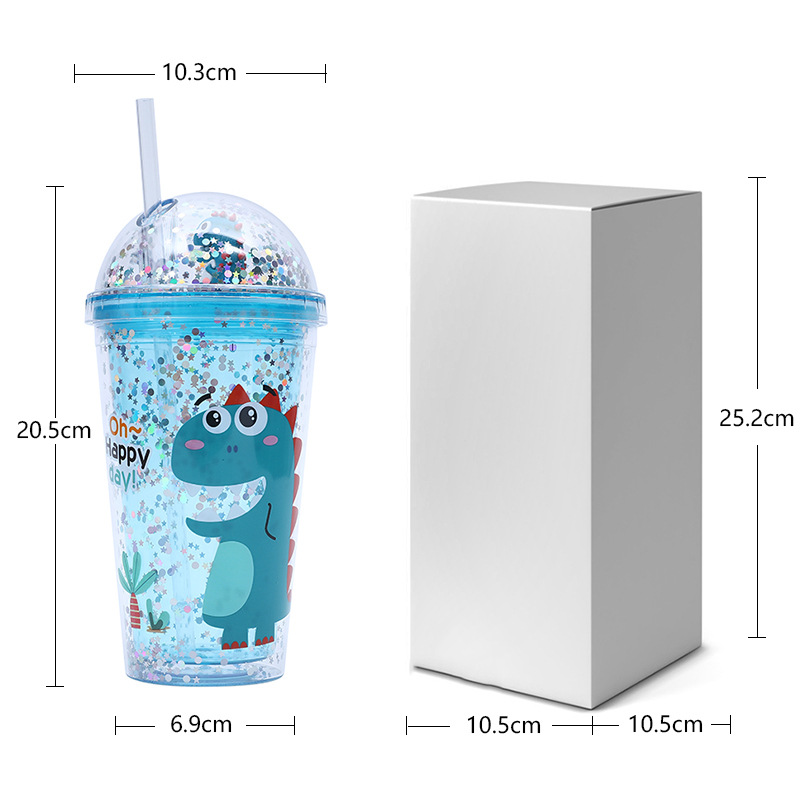 Cross-border factory direct supply double-layer plastic cups, cartoon dinosaur pattern children's water cups with sequins and transparent straw cups Application Scenario