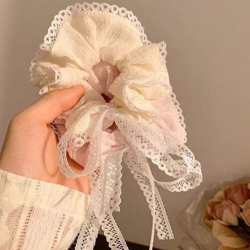 Korean-style gentle bow, large intestine hair band, high-end feminine pink ribbon, lace ribbon, hair rope, hair accessory and headwear Specification drawing