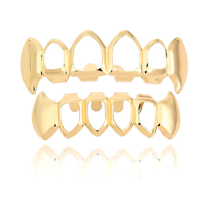 The popular Hiphop 18K four-hollowed-out tiger teeth braces with gold-plated smooth surface for men are in the European and American style details Picture