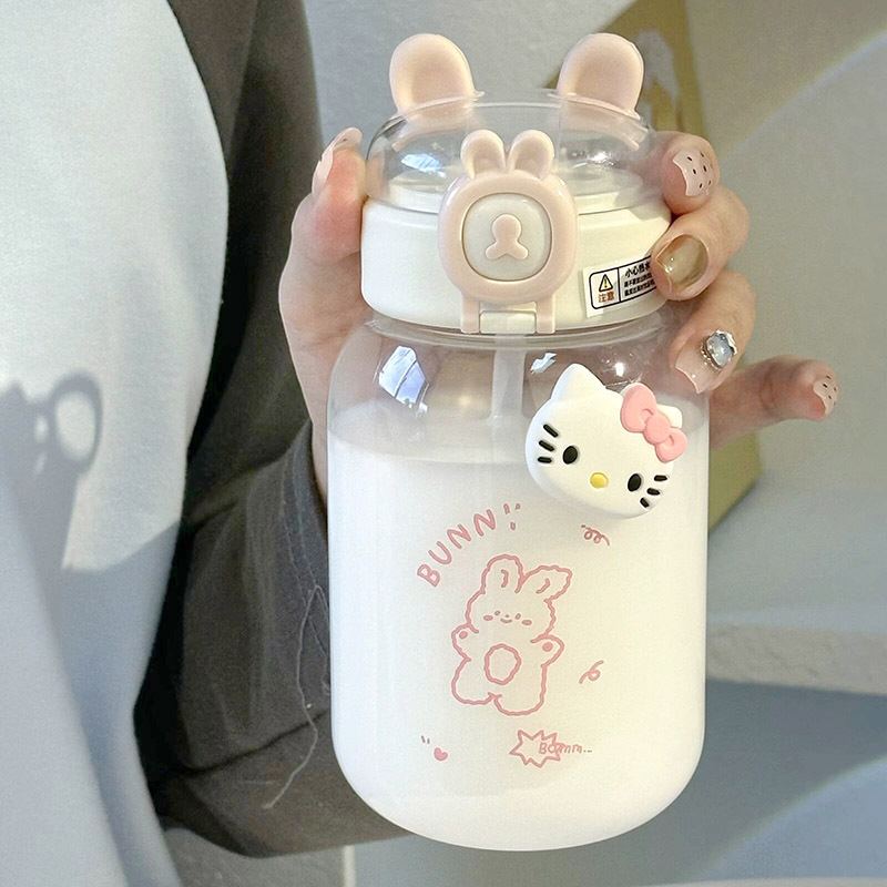 New sealed water cup for girls, large-capacity ins cute 3D sticker, portable straw cup for girls, bouncing cup details Picture
