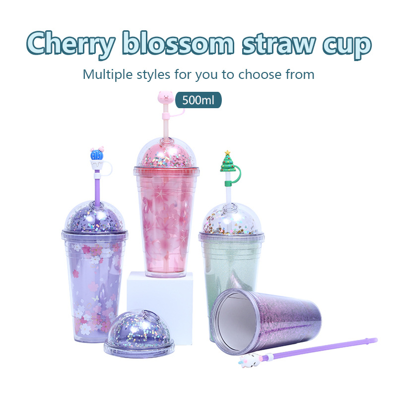 New cross-border factory direct supply double-layer plastic straw cup, high school girls' appearance level water cup, creative and cute gift cup details Picture