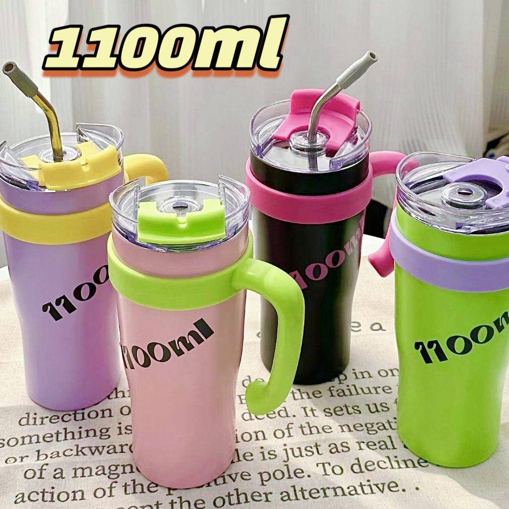Large-capacity coffee cups with straws, portable office water cups, large-capacity ins trendy and fashionable couple stainless steel cups full figure