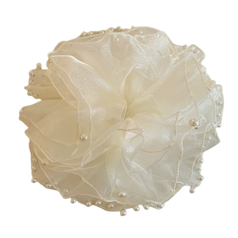 Moonlight Ripples ~ Pearl Mesh Large Intestine Hair band for Women, French high-end style, versatile gentle hair tie, Oversized headwear Item Picture