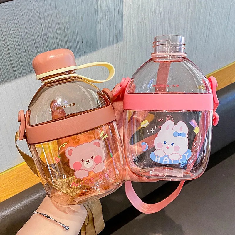 Cute and creative water cup for direct drinking, portable outdoor slanted water bottle, high appearance level cartoon student and children's plastic cup full figure
