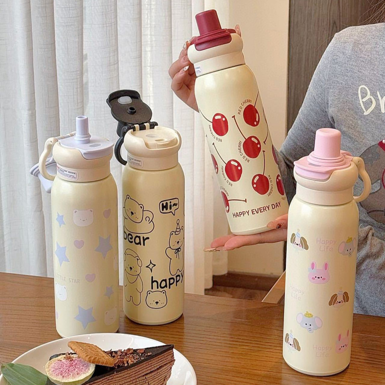 High appearance level, cute and fun ladies, ceramic student, large capacity double-drinking straw, convenient car insulated cup, tea cup full figure