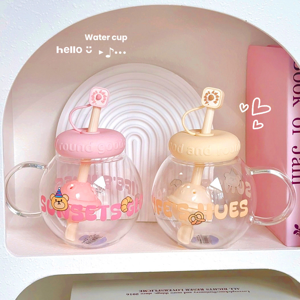 Chubby girl glass cup, cute, high appearance level, creative straw cup with filter, high-temperature resistant, tea-making handle water cup details Picture