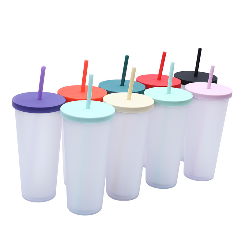 A new modern plastic water cup from cross-border Amazon, a popular cartoon portable 24oz frosted double-layer straw cup full figure
