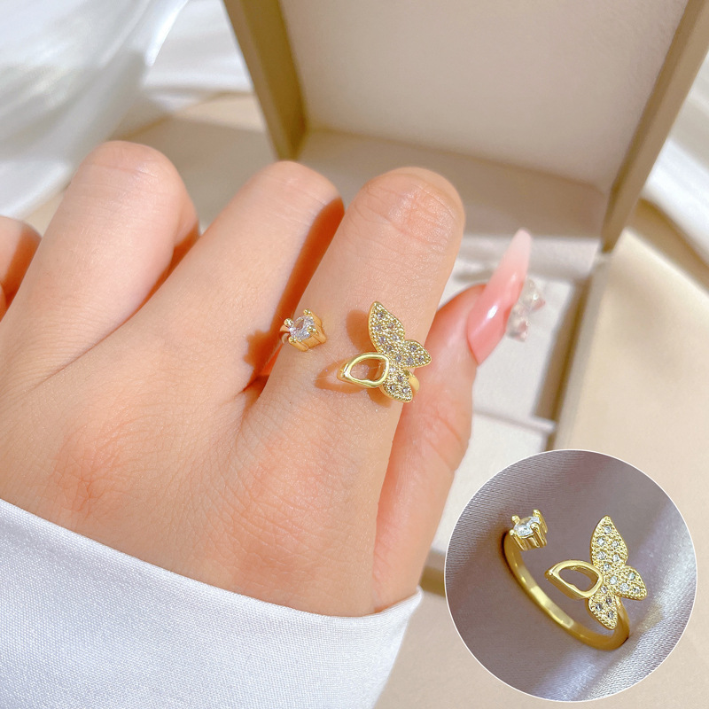 【 Real Gold 】 Hollow butterfly Full diamond ring with adjustable opening, simple Japanese-style ring couple rings full figure