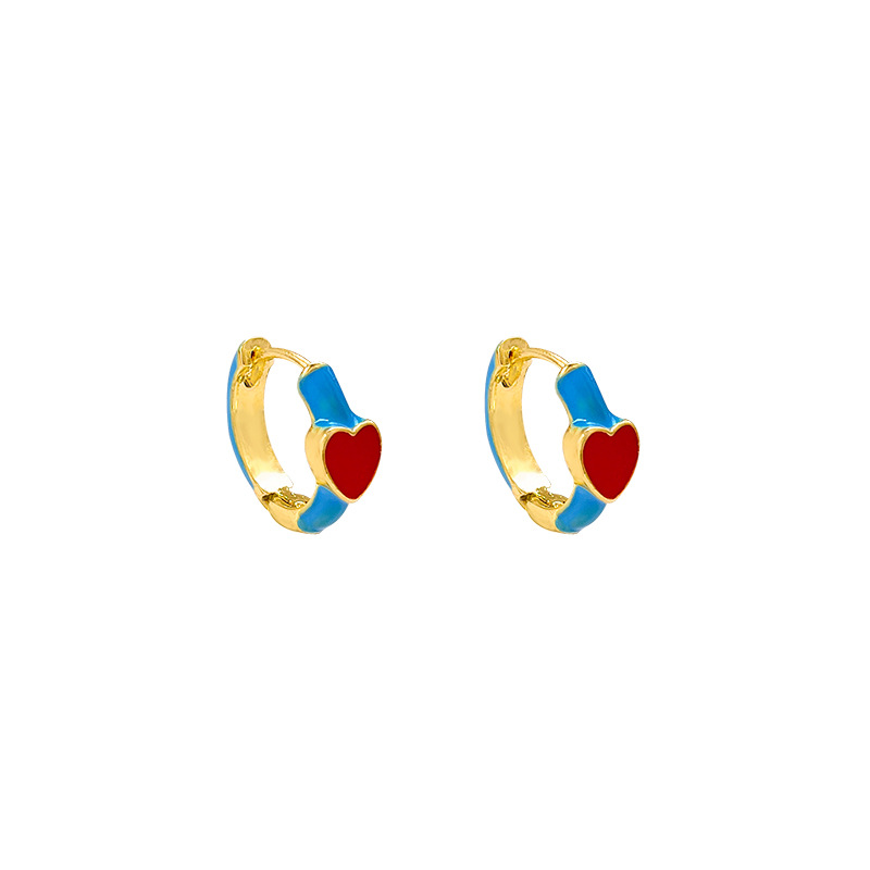 Summer enamel blue and red spliced drop glaze heart-shaped ear loops for women, a new style of elegant earrings in 2025 Item Picture