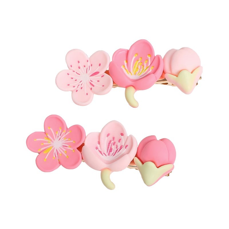 Pink cherry blossom hair clips, new summer style, cute flower edge clips, heart-shaped resin bangs, duckbeak hair accessories for girls Item Picture