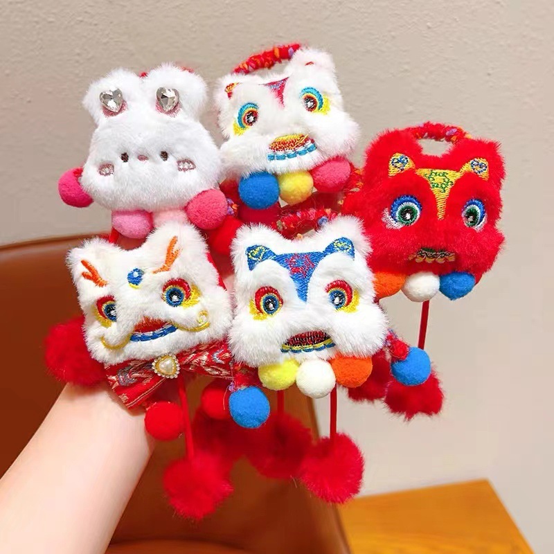 Children's lion dance hair bands, high appearance level headwear for babies in the New Year, red rubber bands, New Year greeting hair ties for girls full figure