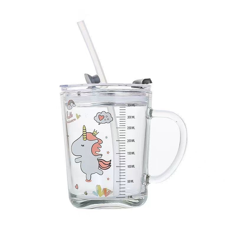 Children's graduated milk cups, straw cups, cute glass cups with handles, high appearance level, household juice cups and beverage cups Item Picture
