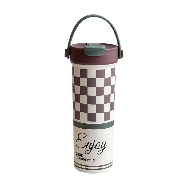 Ins-style retro double-drinking handle cup, portable stainless steel straw cup for going out, creative square student insulated water cup Item Picture