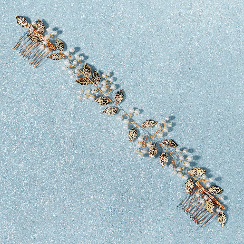 Amazon's new wedding accessories: Handcrafted pearl pair combs, long handcrafted golden leaf interlocking combs, bridal headwear details Picture