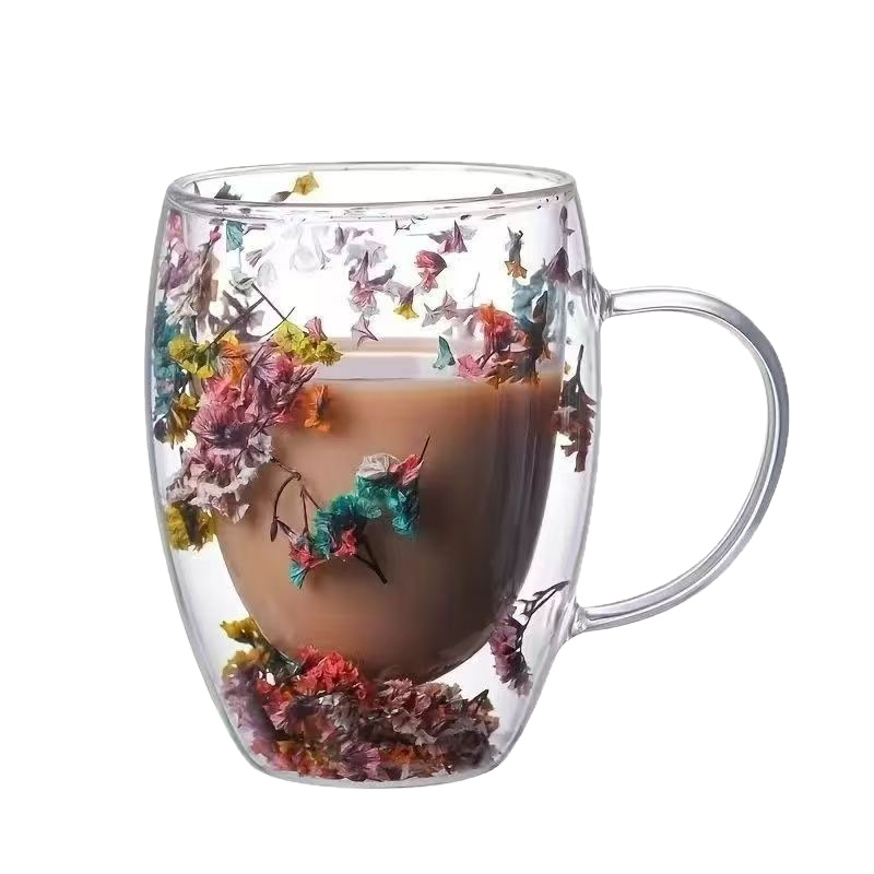 Double-layer vacuum dry flower cup, milk cup, high borosilicate glass cup, office, home, bar, souvenir, real flower cup Item Picture