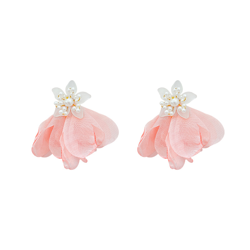 Summer fresh chiffon pearl flower earrings for women, seaside vacation style earrings, high-end, elegant and grand, stud earrings for women Item Picture