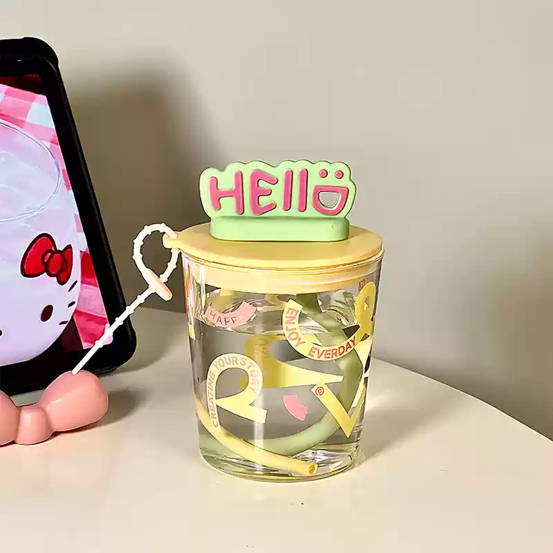 New ins glass water cup for girls, compact and mini, high appearance level in summer, heat-resistant, office double straw cup details Picture