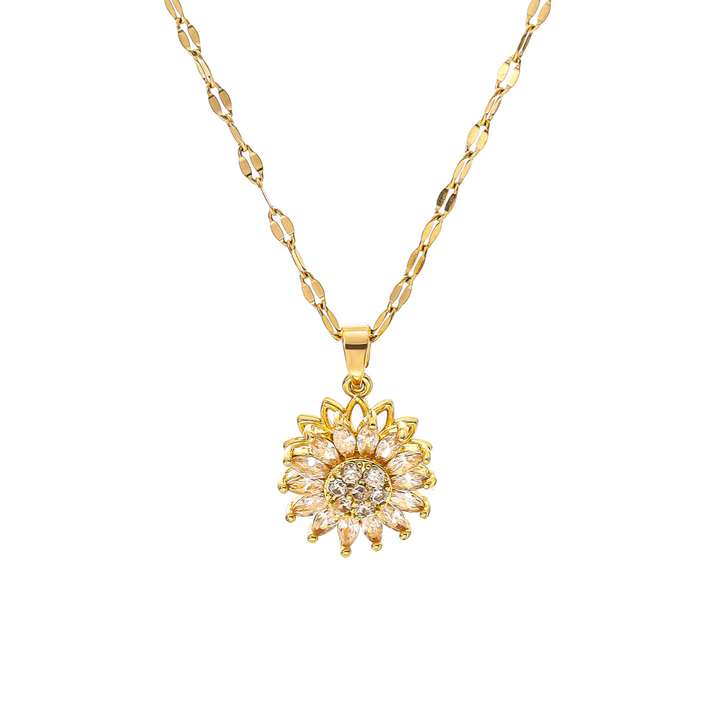 Summer fashion double-layer rotatable sunflower necklace, a versatile women's light luxury style diamond-encrusted Internet celebrity collarbone chain Item Picture