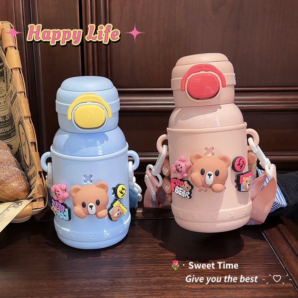 New 316 stainless steel children's water cup, cute bear double-drinking straw cup, portable baby and kindergarten insulated cup full figure