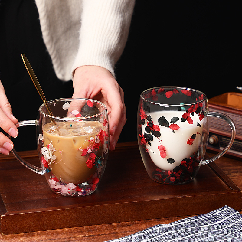 New popular petal flower-shaped glass cup, high appearance level, high-temperature resistant dried flower real flower double-layer creative high borosilicate glass cup details Picture