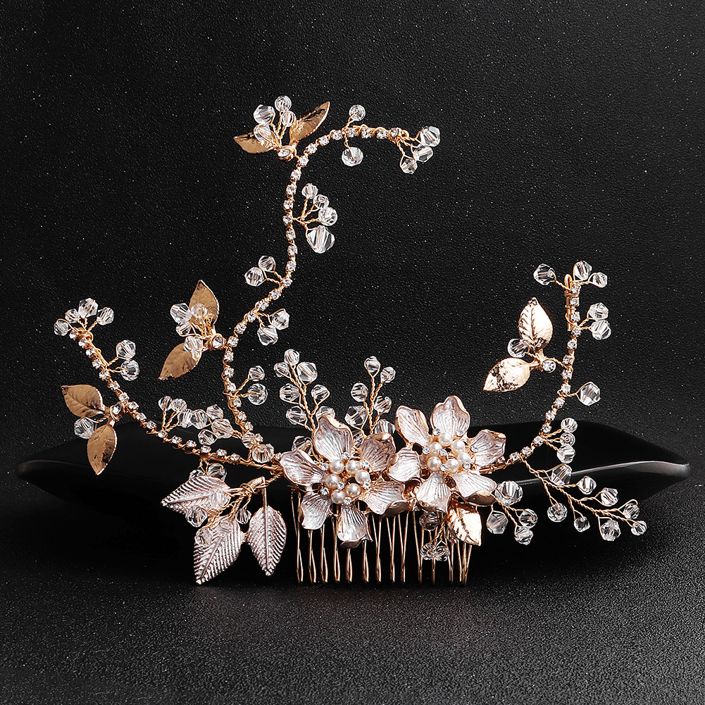 New European and American accessories, handcrafted bridal headwear, alloy flower and branch hair combs, pearl and diamond inlaid hair combs, banquet hair accessories full figure