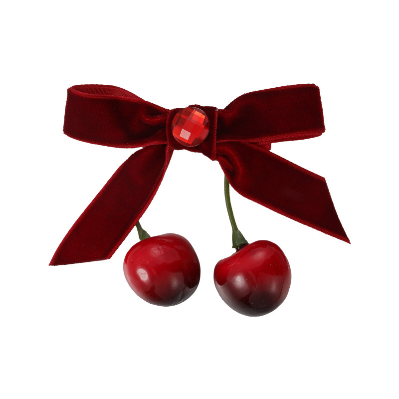 Winter atmosphere: Red cherry bow velvet hair clip, half a hair clip at the back of a woman's head, headwear and hair accessory Item Picture