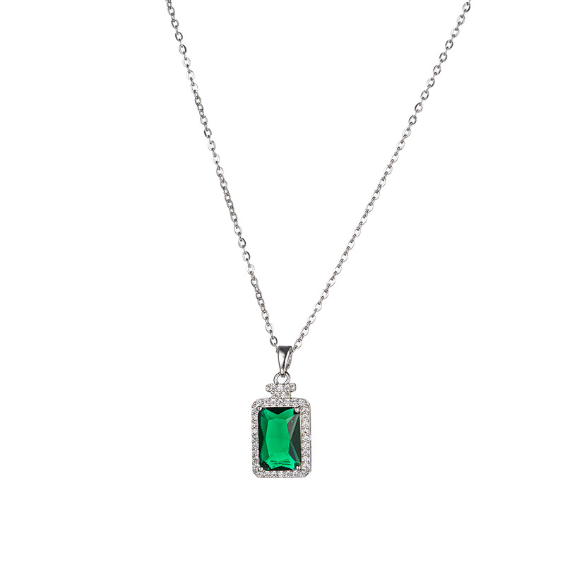 Emerald gemstone perfume bottle pendant, silver titanium steel necklace, women's niche design, trendy and light luxury collarbone chain wholesale Item Picture