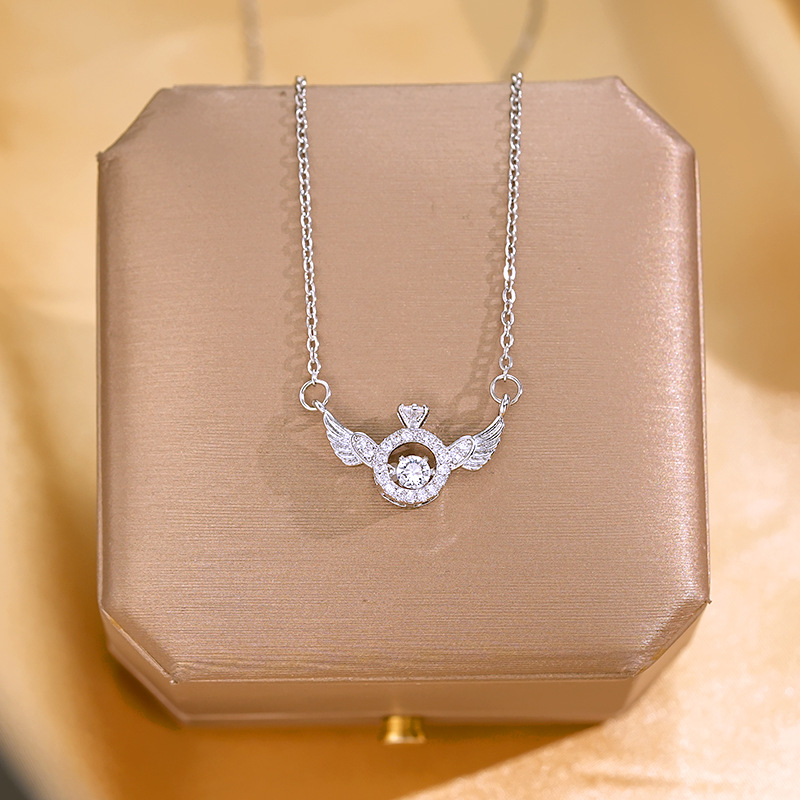 Angel Wings Dynamic Crown Necklace, Women's Wing Pendant, Fashionable and light luxury collarbone chain, Real gold electroplated high-end accessory details Picture