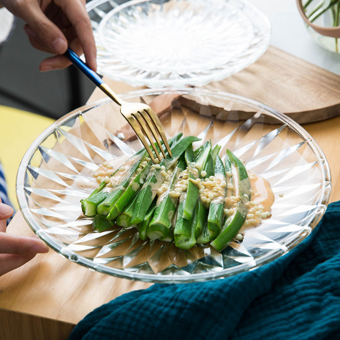 Thai Ouxin lead-free glass diamond bowls and plates, snack and fruit plates, dessert and cold dish salad plates, heat-resistant and microwaveable details Picture