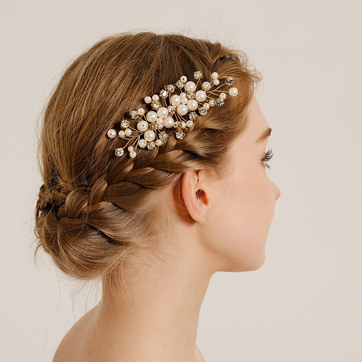 Cross-border bride accessories, pearl water diamond hair comb, wedding banquet, Xiuhe updo hair accessory, retro gold hand-inserted comb full figure
