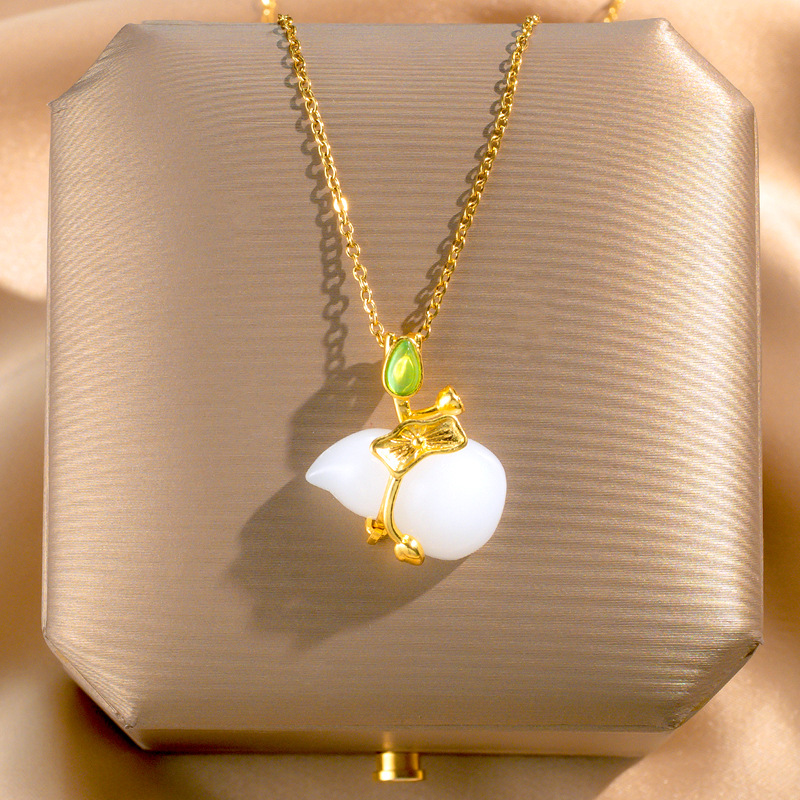 Fashionable and simple white jade gourd pendant titanium steel necklace, women's summer light luxury high-end collarbone chain temperament accessory full figure
