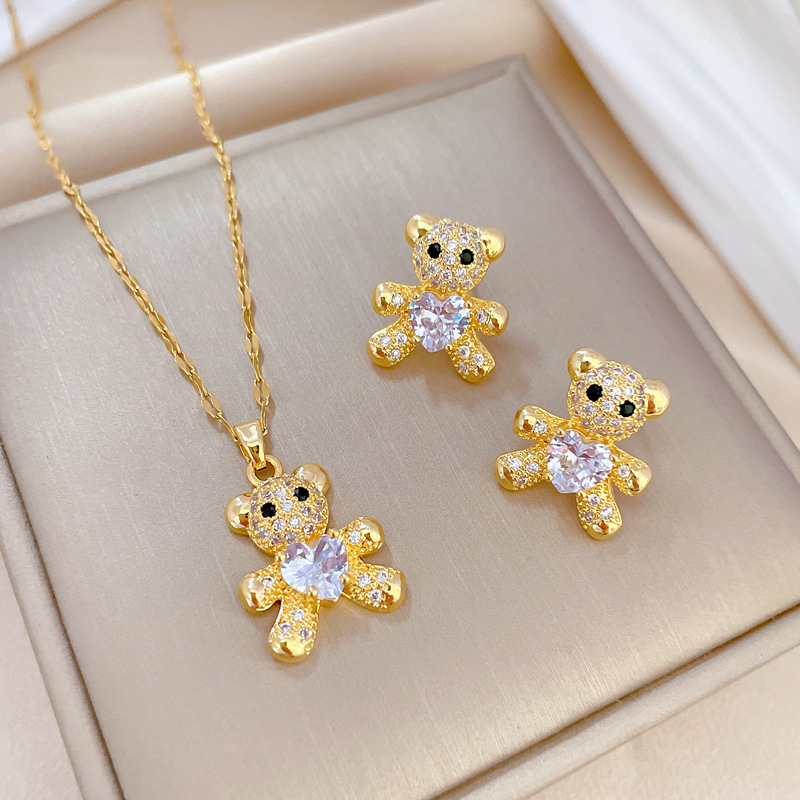 【 Titanium Steel 】 Little Bear Micro-inlaid Necklace and Earrings Set, Light Luxury micro-inlaid personalized and elegant banquet earrings and Necklaces combination full figure