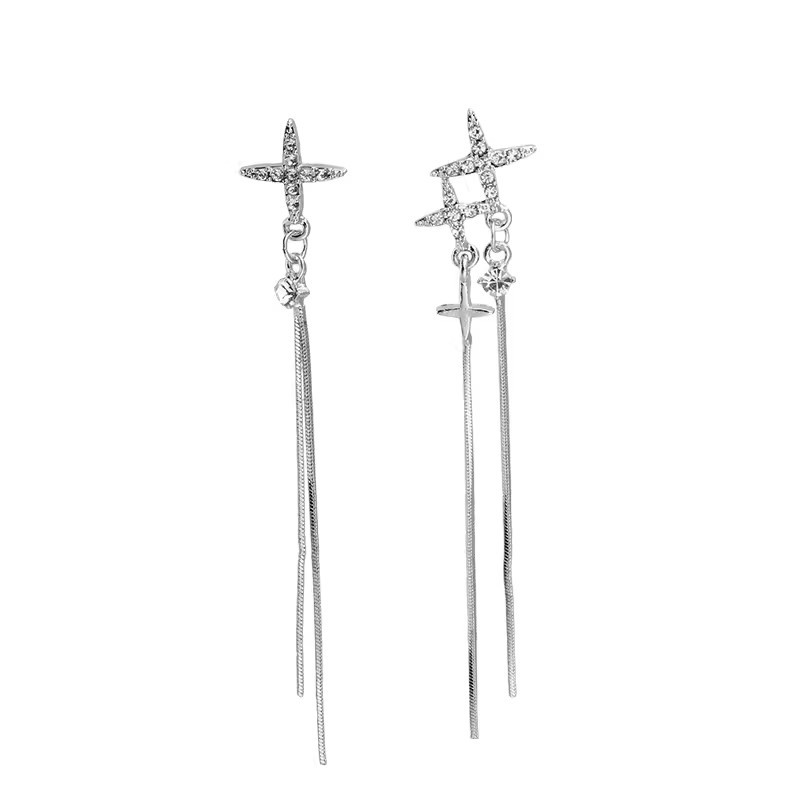Irregular cross star Zircon tassel earrings for women, long and elegant 2024 new bestseller silver needle earrings Item Picture