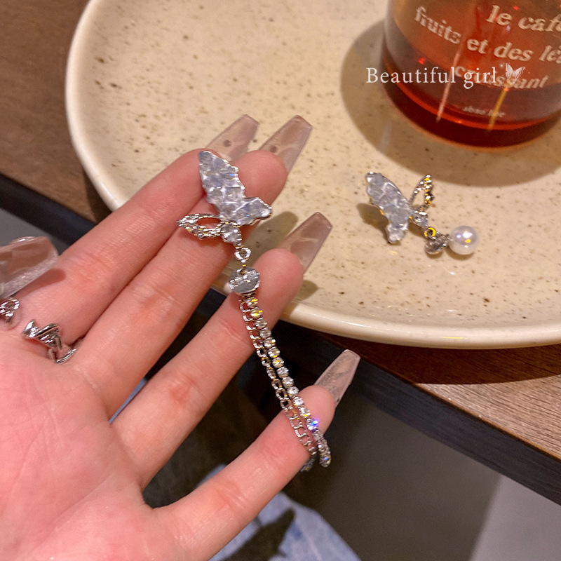 S925 Silver needle Long tassel asymmetrical butterfly Stud earrings Women's Summer bestseller Blue diamond pearl earrings wholesale Specification drawing