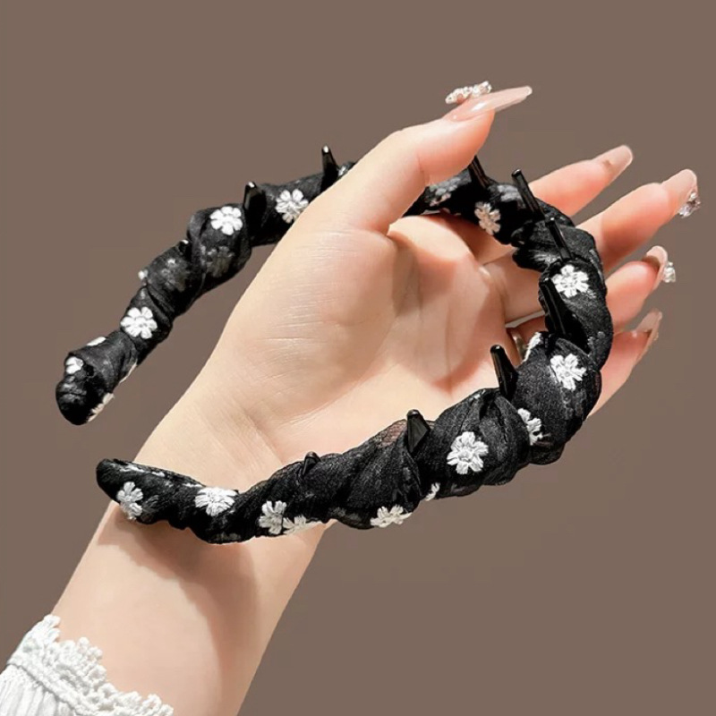 Spring 2025 new flower-embroidered headband with teeth, anti-slip pressure hair clip, daily simple hair tie, hair band for women Specification drawing