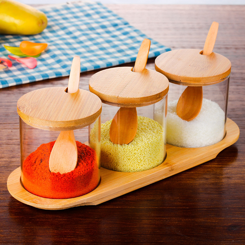 Round high borosilicate glass seasoning jar set, European-style seasoning jar combination seasoning box with wooden lid wholesale full figure