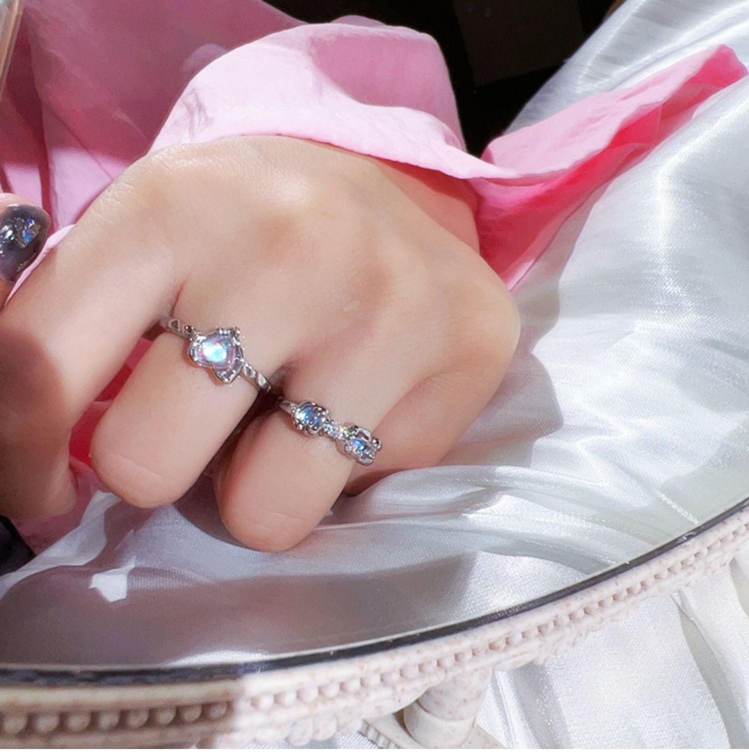 Sweet and cool style moonstone heart-shaped fashionable open ring for women, simple and individual, cold style, light luxury and high-end ring trend details Picture