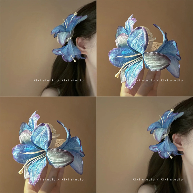 Blue lily flower clipper, new Chinese-style hairpin, hair accessory, updo, hair flower, side hair clip, hair accessory for women full figure