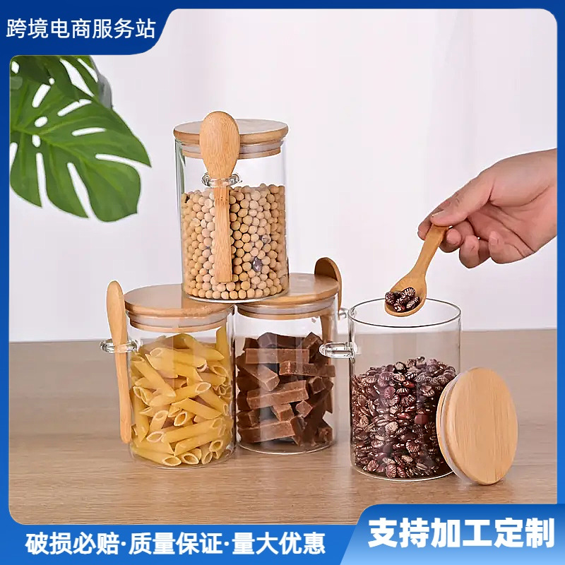 Customized round seasoning jar set, transparent glass storage jars for kitchen organization, sugar jars, tea storage jars with spoons full figure
