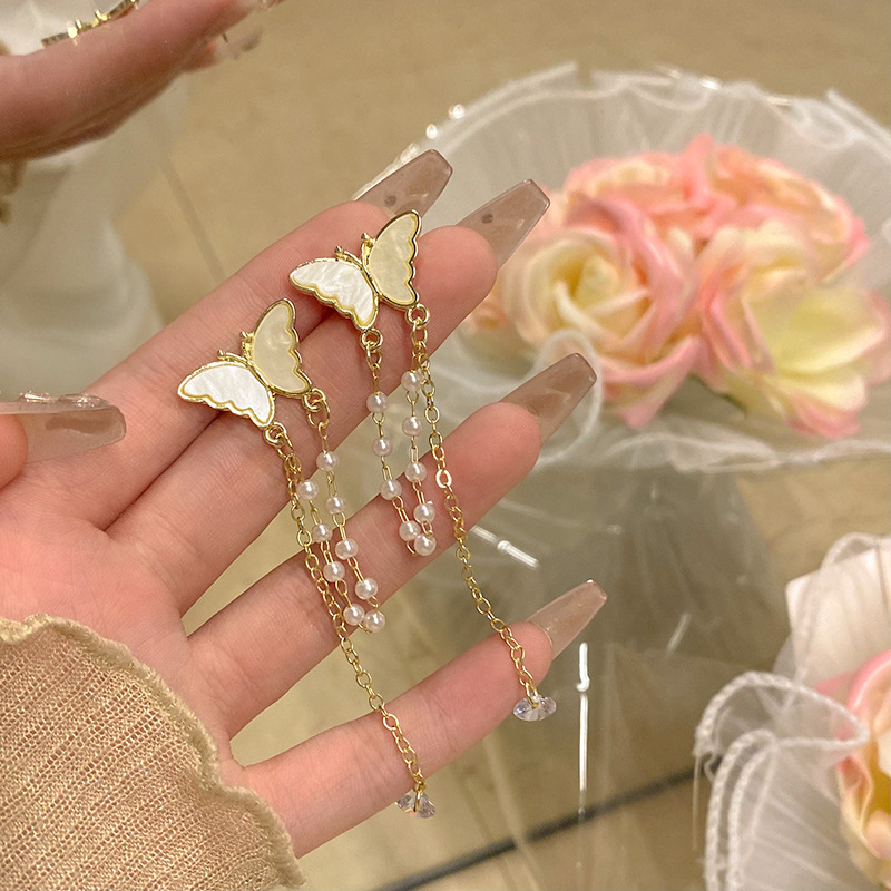 Super fairy mother-of-pearl butterfly tassel earrings for women, 2024 new style, high-end and elegant stud earrings, 925 silver needle earrings Specification drawing