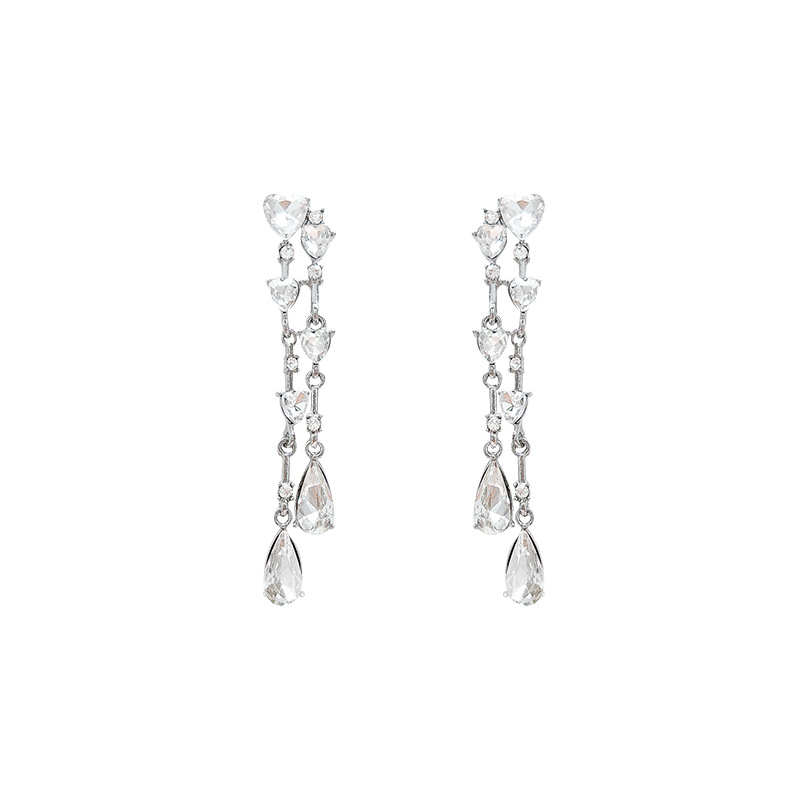 Korean-style sparkling diamond heart-shaped water drop tassel earrings for women, a light luxury, niche and high-end look, long stud earrings, a best-selling and elegant ear accessory Item Picture