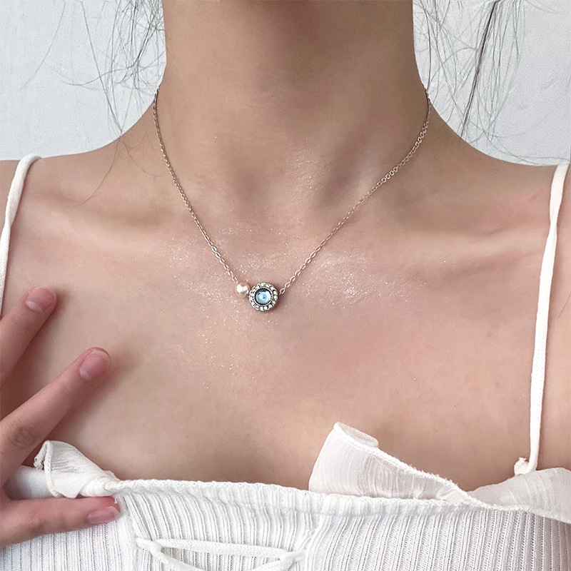 Aquamarine Shijia Pearl Necklace for women, a light luxury and niche collarbone chain, pearl and silver needle earrings and necklace set Specification drawing