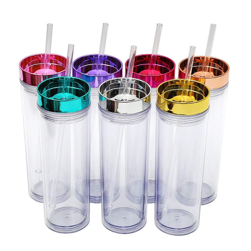 The manufacturer's new modern cross-border transparent double-layer plastic cup is a simple and portable 16OZ straight cup with electroplating full figure