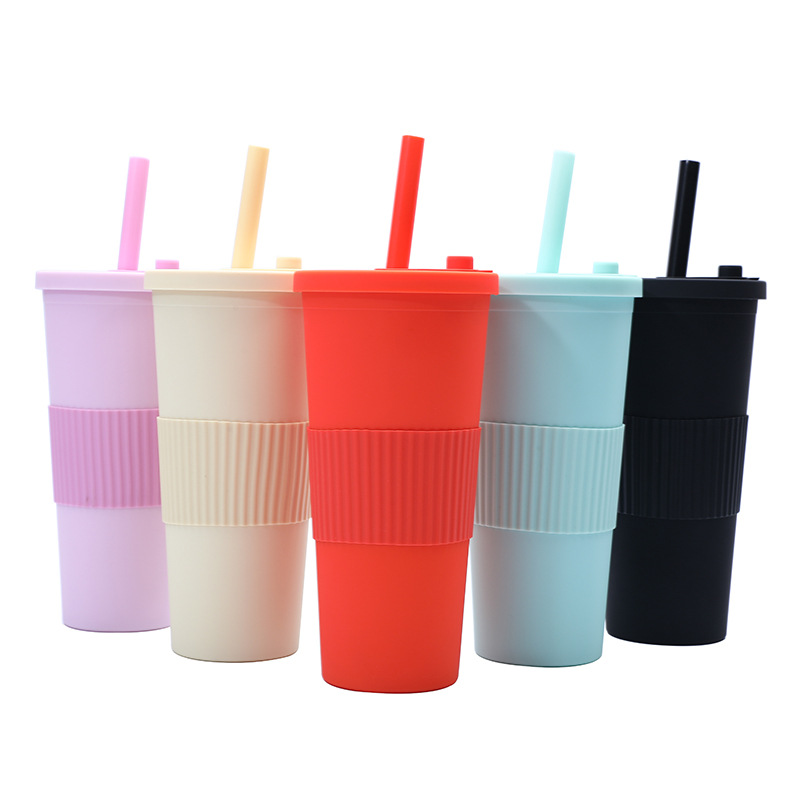 The manufacturer's new cross-border Amazon portable double-layer plastic cup, large-hole universal powder-coated milk tea lid straw cup details Picture