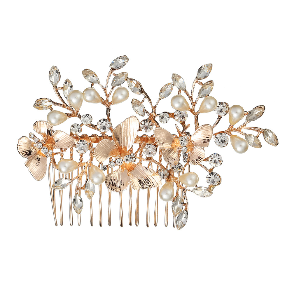 Korean-style elegant alloy butterfly hair combs, pearl and diamond-encrusted hair accessories, bride wedding coils, hair and headwear manufacturer wholesale Item Picture