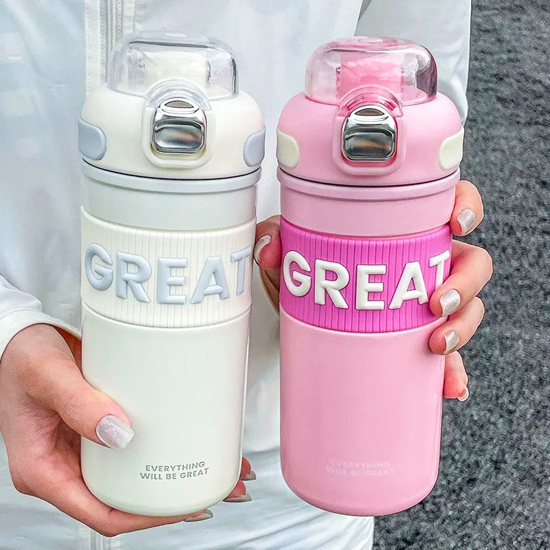 Simple and high-appearation-level thermos cups, couple's Nordic-style double-drinking straw cups, portable sports spring-lid stainless steel water cups details Picture