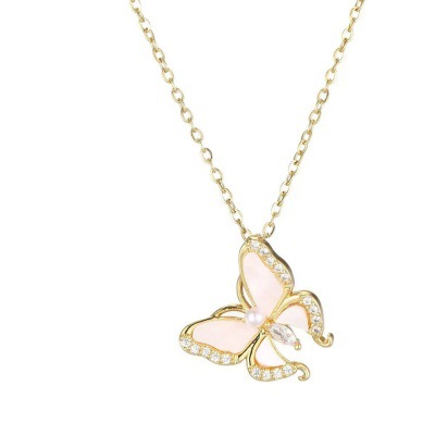 Cross-border European and American titanium steel necklace for women, with a unique and high-end feel. Butterfly copper micro-inlaid collarbone chain, simple pendant necklace Item Picture
