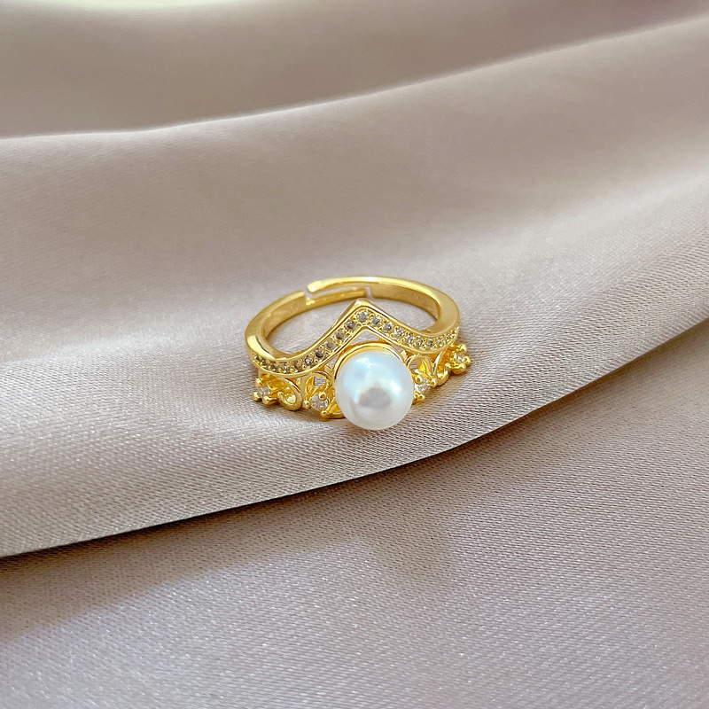【 Real Gold 】 Crown pearl perforated ring with adjustable opening, simple jewelry, Japanese-style ring couple rings details Picture